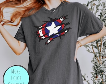 Gildan 5000 Hidden America Shield T-Shirt | Superhero Graphic Tee | Comic-Inspired Shirt