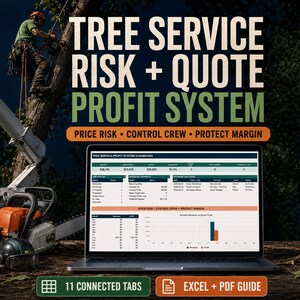 Könnte beinhalten: Ein digitales Dashboard mit dem Titel Tree Service Risk + Quote Profit System auf einem Laptop-Bildschirm. Die Benutzeroberfläche enthält Tabellen für Auftragsabläufe, operative Übersichten und Umsatzdiagramme. Text beinhaltet Price Risk, Control Crew, Protect Margin.