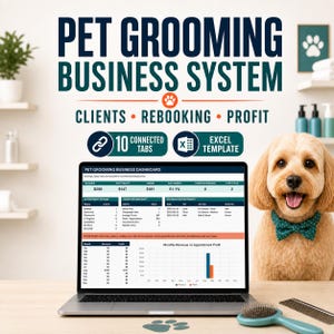May include: A digital pet grooming business system displayed on a laptop screen, featuring a dashboard with revenue, appointment, and profit metrics. The text reads Pet Grooming Business System, Clients, Rebooking, Profit, 10 Connected Tabs, and Excel Template.