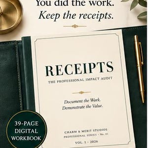 May include: A 39-page digital workbook titled Receipts: The Professional Impact Audit. The cover features cream paper with dark green text, including the phrases You did the work. Keep the receipts. and Document the Work. Demonstrate the Value.