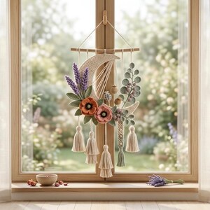 Può includere: Una decorazione da parete a forma di mezzaluna realizzata in corda color crema, caratterizzata da una composizione di fiori all'uncinetto arancioni e rosa, rametti di lavanda viola e foglie verdi. L'oggetto presenta diverse nappe e frange.