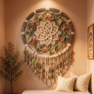 Boho Macrame Mandala Wall Hanging | Round Fiber Art with Leaf Vines & Beaded Fringe