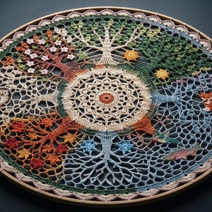 Pode incluir: Uma tapeçaria circular de crochê num aro de madeira com uma mandala central rodeada por quatro árvores que representam as estações. O design inclui uma coruja, uma raposa, um peixe e vários elementos sazonais como flores e folhas.