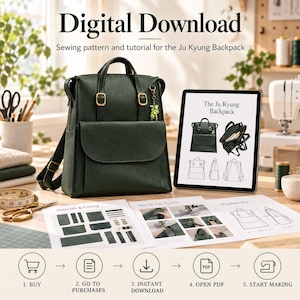 Puede incluir: Una mochila verde oscuro con hebillas doradas y un pequeño dije, junto a una tableta que muestra el patrón de la mochila Ju Kyung y hojas de tutorial de costura con diagramas, instrucciones y un proceso de descarga de cinco pasos.