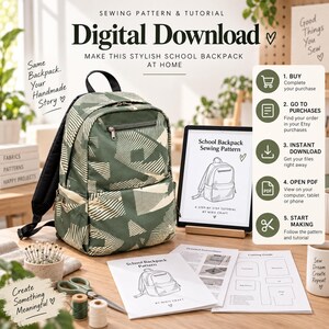 May include: A green and cream geometric patterned backpack with a front zipper pocket, displayed alongside a tablet showing a school backpack sewing pattern, printed instruction sheets, a cutting guide, scissors, and spools of thread.