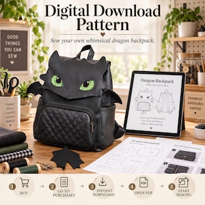 May include: A black dragon-shaped backpack with green eyes and quilted front pocket. A tablet displays a Dragon Backpack sewing pattern, alongside printed instructions. Text reads: Digital Download Pattern, Sew your own whimsical dragon backpack.