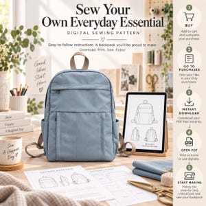 Könnte beinhalten: Ein hellblauer Rucksack mit Tragegriff und Schultergurten, begleitet von einem digitalen Schnittmuster auf einem Tablet und auf Papier gedruckt. Der Text lautet Sew Your Own Everyday Essential, Digital Sewing Pattern und Anleitungen.