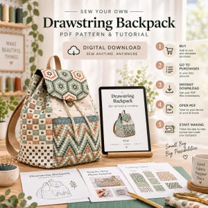 Può includere: Uno zaino con coulisse in tessuto a motivi geometrici nei colori verde, arancione e crema. Il set include un cartamodello PDF digitale e un tutorial visualizzati su un tablet, oltre a pagine stampate con istruzioni di cucito e schemi di taglio.