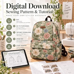 Könnte beinhalten: Ein digitales Schnittmuster und eine Nähanleitung für einen Rucksack aus salbeigrünem Stoff mit einem Blumenmuster in Rosa, Weiß und Blau. Das Bild zeigt ein Tablet mit einem Rucksack-Schnittmuster sowie ausgedruckte Anleitungsblätter.
