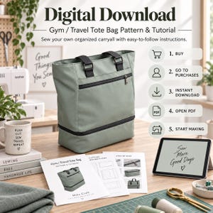 Puede incluir: Un bolso de mano para gimnasio y viaje en color verde salvia con correas negras y un compartimento horizontal con cremallera. La imagen incluye el texto: Digital Download, Gym / Travel Tote Bag Pattern & Tutorial, Sew your own organized carryall with easy-to-follow instructions.