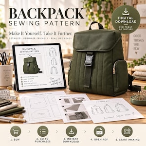 Rucksack-Schnittmuster (PDF), Rucksack-Schnittmuster mit Klappe, Rucksack-Schnittmuster, Mehrzweckrucksack, Reisetasche, digitaler Näh-Download