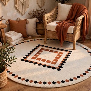 Hand Tufted Ivory Terracotta Round Rug, Geometric Diamond Pattern, Boho Decor