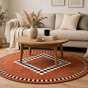 Hand Tufted Terracotta Round Rug, Geometric Diamond Pattern, Boho Tribal Decor