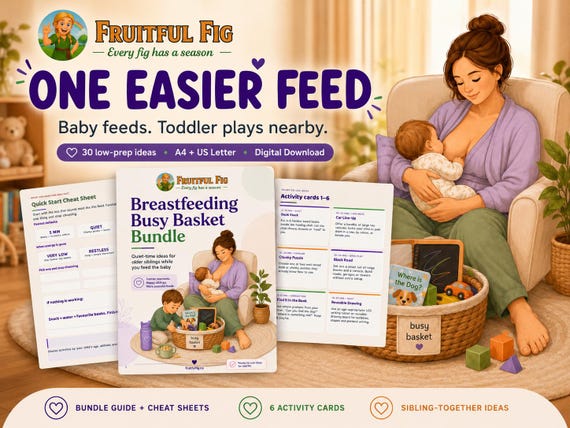 Mother breastfeeding her baby while a toddler plays beside her with a busy basket, alongside the Breastfeeding Busy Basket Bundle and Quick Start printable.