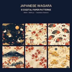 以下が含まれることがあります： JAPANESE WAGARA 6 DIGITAL PAPER PATTERNS 3600 x 3600 px Seamless Patternsと題された6種類のデジタルペーパーパターン。月とウサギ、狐の面と赤い鳥居、花柄の扇子、富士山、赤い紅葉、黄色いイチョウの葉が描かれています。