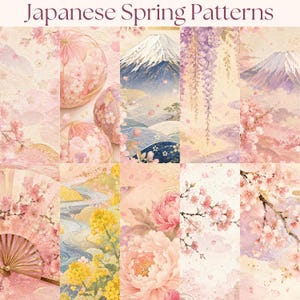以下が含まれることがあります： Japanese Spring Patternsと題されたデジタルペーパーのコレクション。富士山、桜、藤、扇子、牡丹、黄色い花が描かれた10枚の縦型パネルで構成され、ピンク、紫、ゴールドの色調で表現されています。