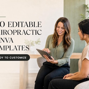 Peut inclure: Un graphique numérique affichant le texte 100 EDITABLE CHIROPRACTIC CANVA TEMPLATES et READY TO CUSTOMIZE. L'image montre deux personnes assises interagissant avec une tablette, l'une d'elles pointant l'écran dans un cadre professionnel.