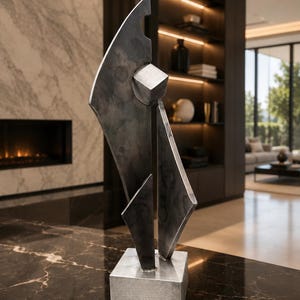 Könnte beinhalten: Eine hohe, abstrakte Metallskulptur mit einer dunklen, verwitterten grauen Oberfläche. Das Objekt besteht aus mehreren scharfen, kantigen und geschwungenen vertikalen Platten, die auf einem soliden rechteckigen Sockel stehen, mit einem kleinen Würfel.