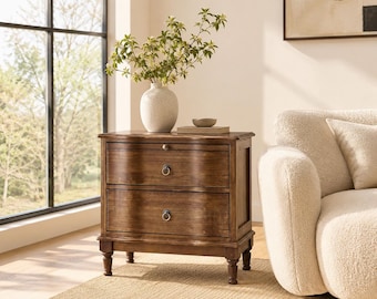 Solid Wood Cherry End Table with 2 Drawers Charging Station and Pull Out Shelf