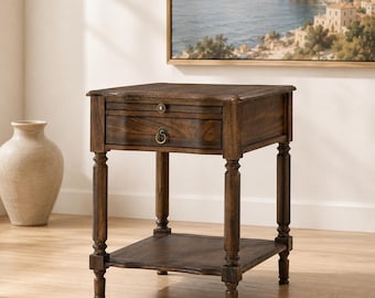 Vintage Walnut End Table with Charging Station Drawer and Pull Out Shelf