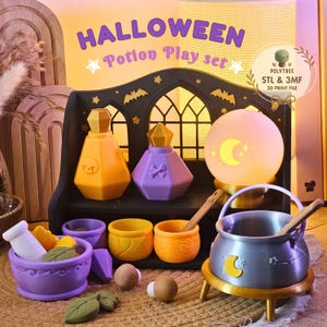 Op de afbeelding: Een Halloween toverdrank speelset met een zwarte boogplank met vleermuisuitsparingen, twee geometrische flessen met schedel- en botdetails, een gloeiende maanbol, twee kleine kommen, een vijzel en een zilveren ketel met een halve maan.