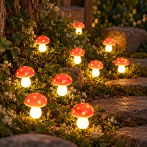 Puede incluir: Una colección de luces de jardín iluminadas con forma de hongo que presentan sombreros rojos brillantes con puntos blancos. Cada luz emite un brillo cálido y suave desde su tallo y sombrero, dispuestas en un jardín con follaje verde.