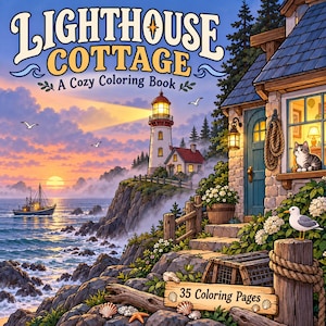 Lighthouse Cottage Coloring Book, Cozy Coastal Scenes, Nautical Ocean (Digital Download)