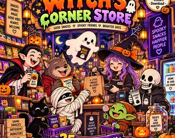 Witch's Corner Store Halloween Coloring Pages | 35 Spooky Scenes (PDF)
