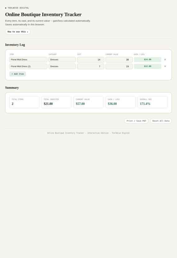 Online Boutique Inventory Tracker — Google Sheets & Excel spreadsheet by ToolWise Digital — view 3