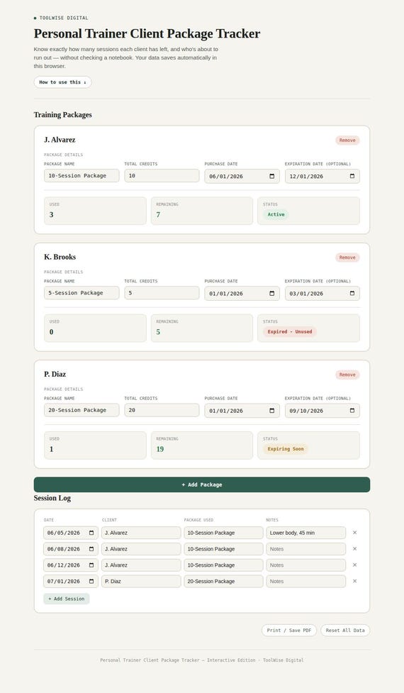 Personal Trainer Client Package Tracker — Google Sheets & Excel spreadsheet by ToolWise Digital — view 3