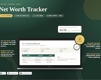 Net Worth Tracker | Assets, Liabilities Dashboard Spreadsheet (Google Sheets, Excel)