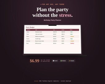 Birthday Party Planner Spreadsheet | Budget, Guest List, and Gift Tracker (Google Sheets, Excel)