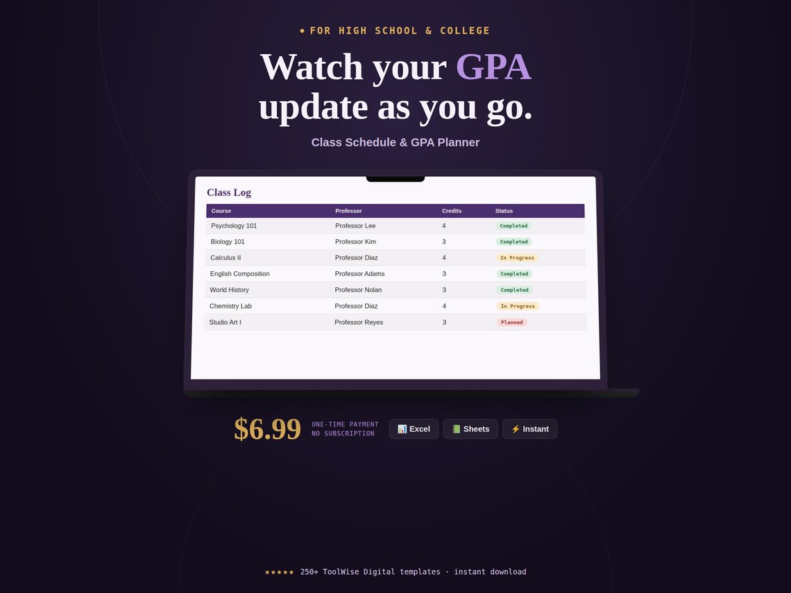Class Schedule & GPA Planner Spreadsheet — Google Sheets & Excel spreadsheet by ToolWise Digital