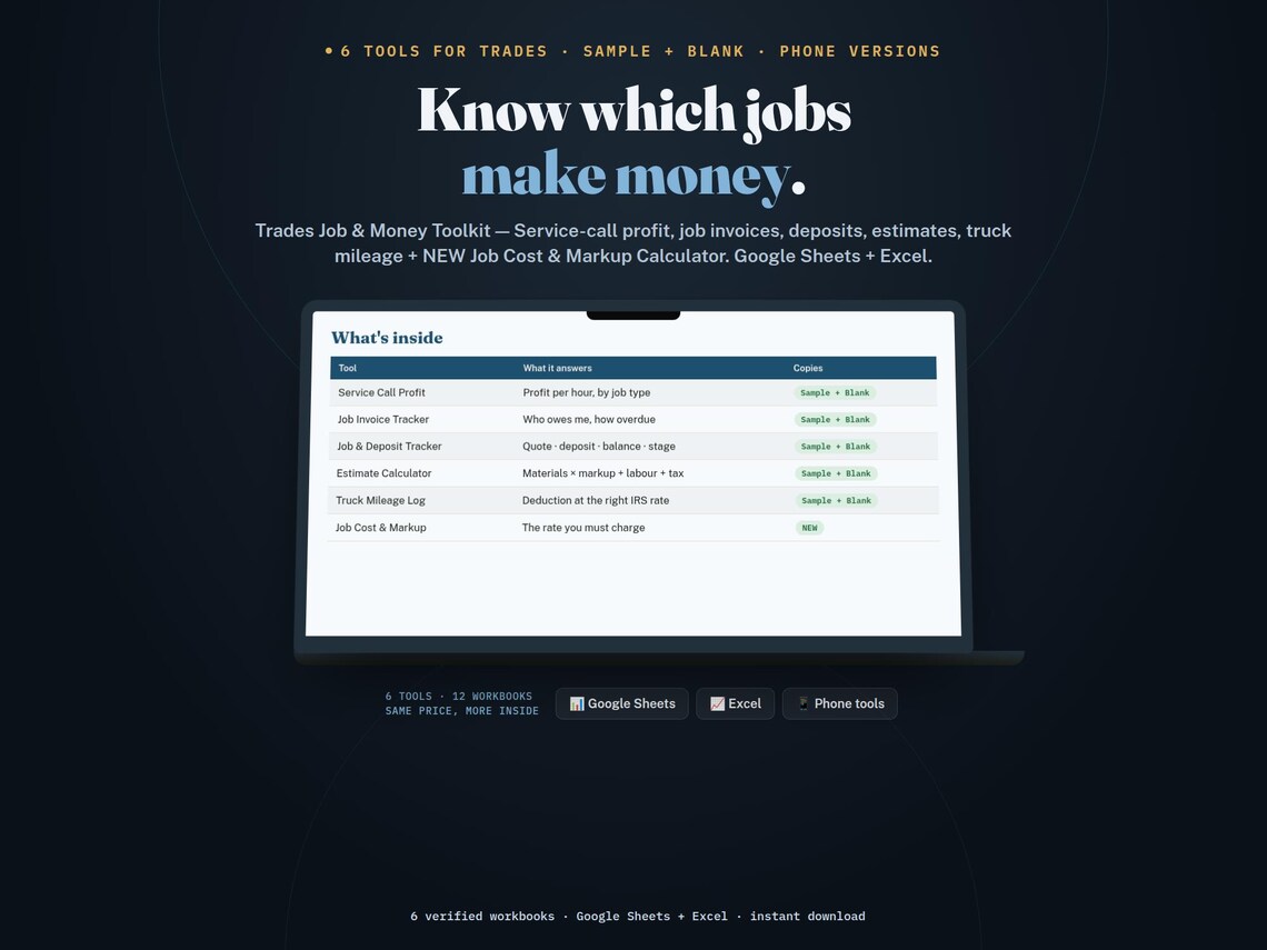 Trades Business Spreadsheet Bundle — 6 Tools — Google Sheets & Excel spreadsheet by ToolWise Digital