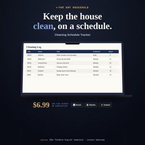 Household Cleaning Schedule Tracker product cover image showing key features, price, and format
