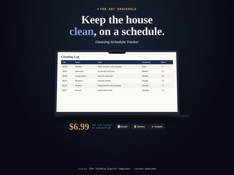 Household Cleaning Schedule Tracker product cover image showing key features, price, and format