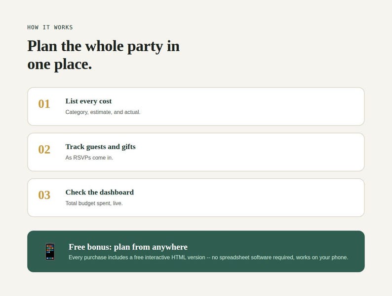Three step how it works graphic and free bonus tool banner for Birthday Party Planner Spreadsheet