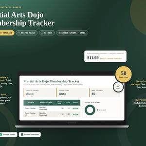Könnte beinhalten: Eine digitale Martial Arts Dojo Mitgliedschafts-Tracker-Tabelle auf einem Laptop-Bildschirm. Die Benutzeroberfläche enthält Spalten für Schülernamen, Mitgliedschaftspläne, Credits und Status-Flags. Sie umfasst automatisch berechnende Formeln zur Nachverfolgung von Credits und Ablaufdaten.