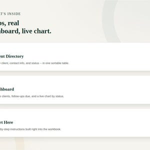 Three feature cards describing what's inside the Client Tracker & CRM template: the log tab, the dashboard tab, and the start-here guide