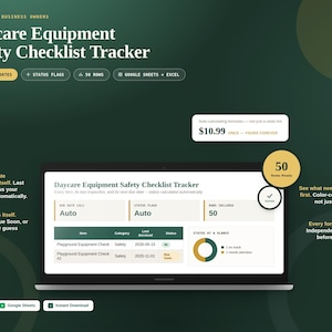 May include: A digital Daycare Equipment Safety Checklist Tracker displayed on a laptop screen. The interface features columns for item, category, last serviced date, and status. It includes auto-calculating formulas, status flags, and a 50-row capacity.