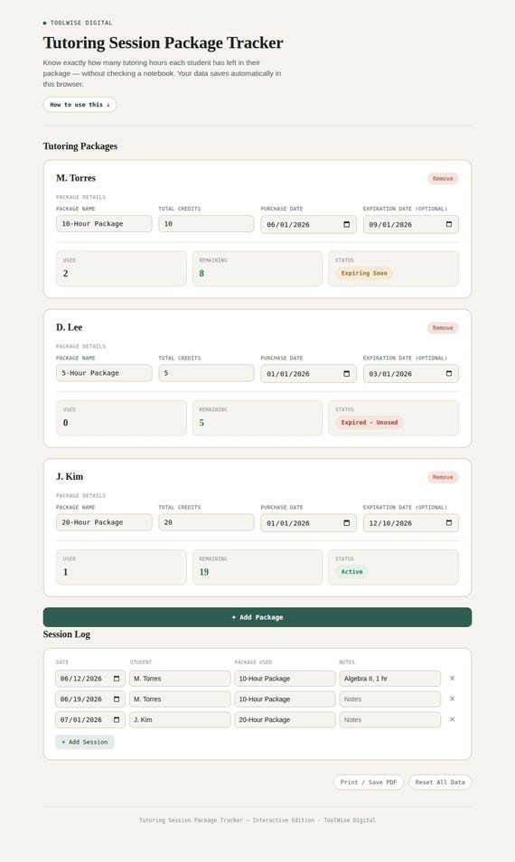 Tutoring Session Package Tracker — Google Sheets & Excel spreadsheet by ToolWise Digital — view 3