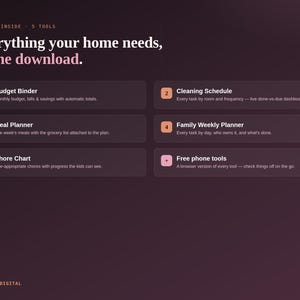 Grid of the five tools in the Home and Family Life Toolkit: budget, cleaning, meals, weekly planner, chores