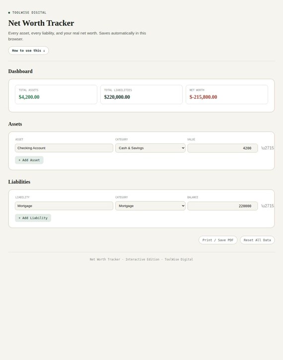 Net Worth Tracker — Google Sheets & Excel spreadsheet by ToolWise Digital — view 3
