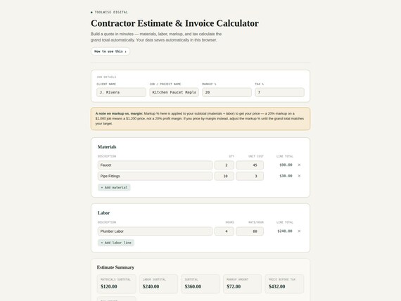 Trades Job & Money Toolkit — Google Sheets & Excel spreadsheet by ToolWise Digital — view 6