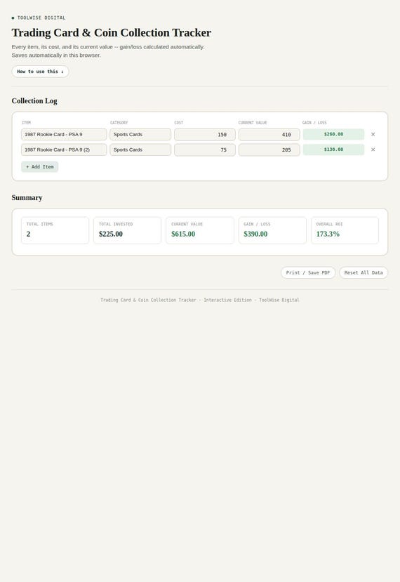 Trading Card & Coin Collection Tracker — Google Sheets & Excel spreadsheet by ToolWise Digital — view 3