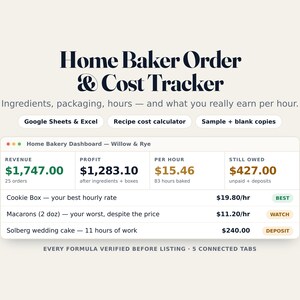 Home Baker Order Tracker, Recipe Cost and Profit Per Hour Spreadsheet (Google Sheets, Excel)