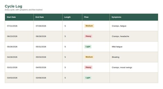 Period Cycle Tracker Spreadsheet — Google Sheets & Excel spreadsheet by ToolWise Digital — view 4