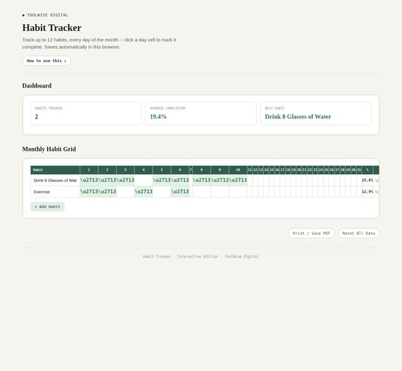 Habit Tracker — Google Sheets & Excel spreadsheet by ToolWise Digital — view 3
