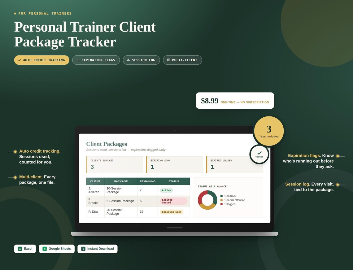 Personal Trainer Client Package Tracker — Google Sheets & Excel spreadsheet by ToolWise Digital