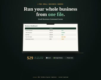 Spreadsheet voor het commandocentrum van kleine bedrijven, alles-in-één boekhouding (Google Sheets, Excel), dashboard voor inkomsten, uitgaven, kilometervergoeding en winst